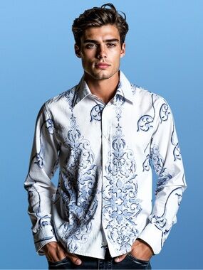 White Textured Button Down with Blue Scroll Embroidery | Mediterranean Style L